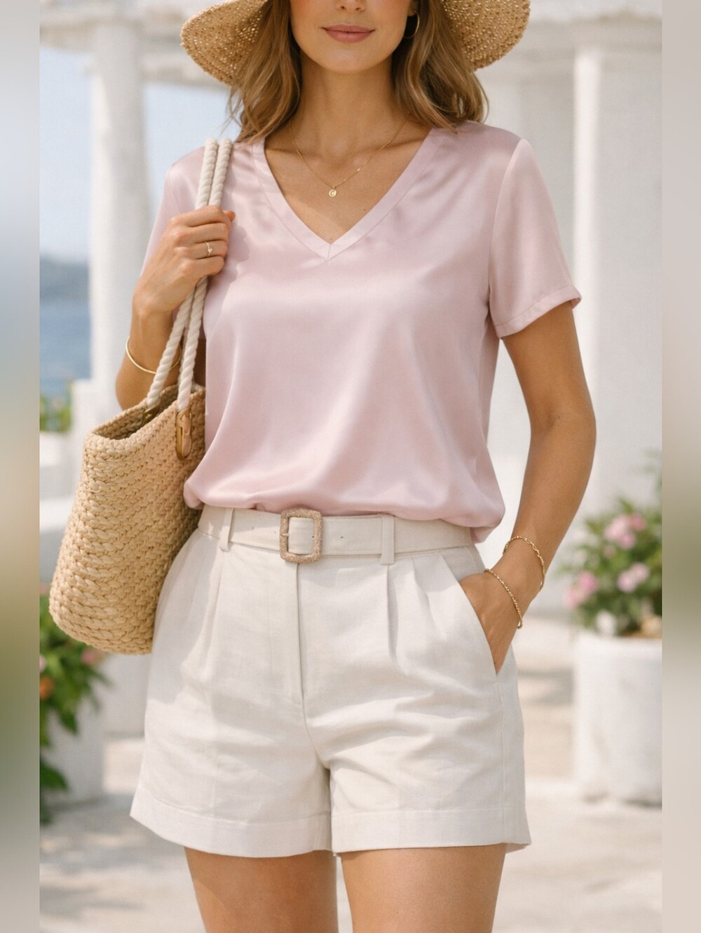 Imperial Blush Pink Satin V-Neck Short Sleeve Blouse Top XL